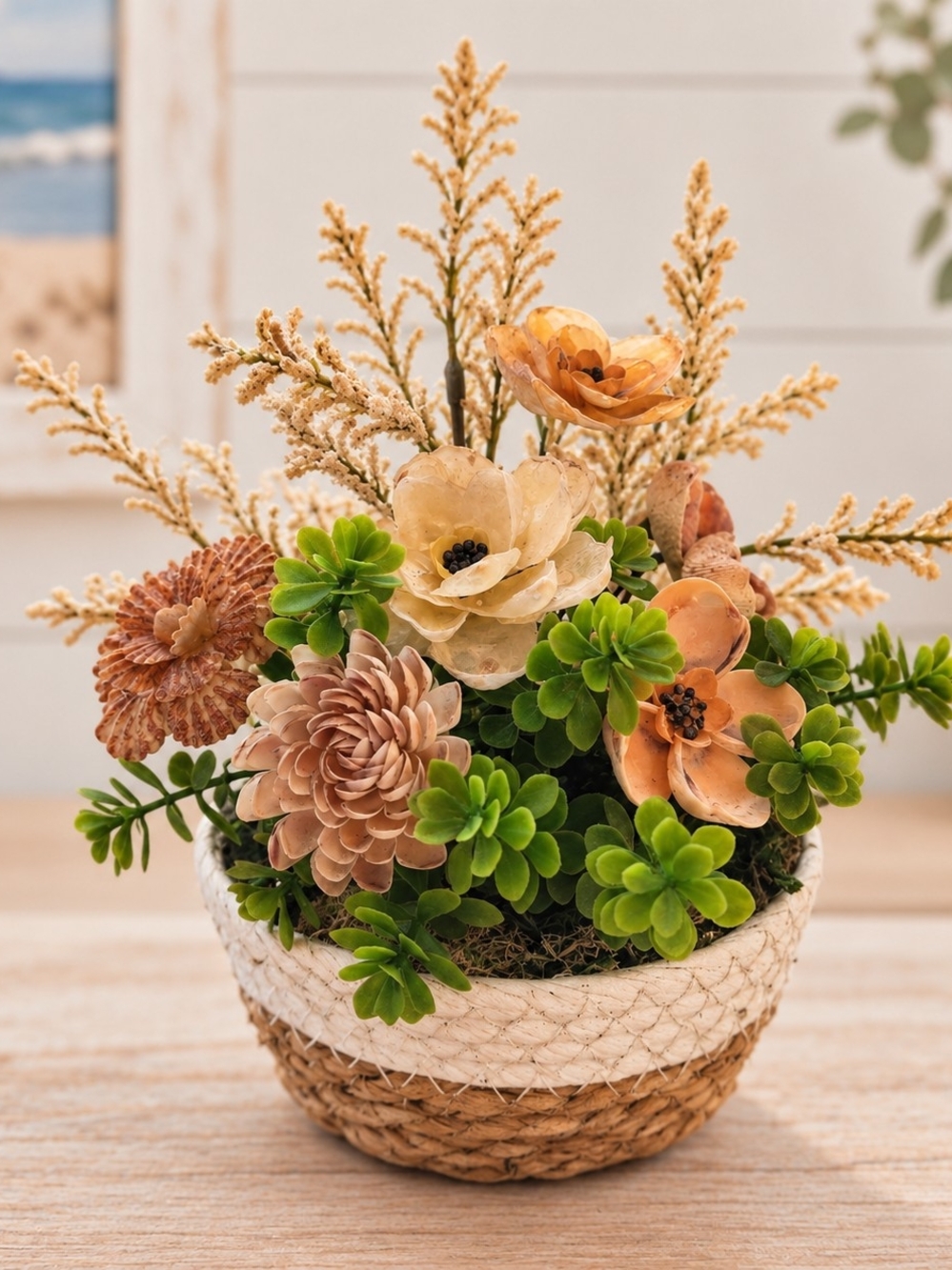 Vintage Seashell Flower Arrangement Coastal Decor Shell Floral Centerpiece Table